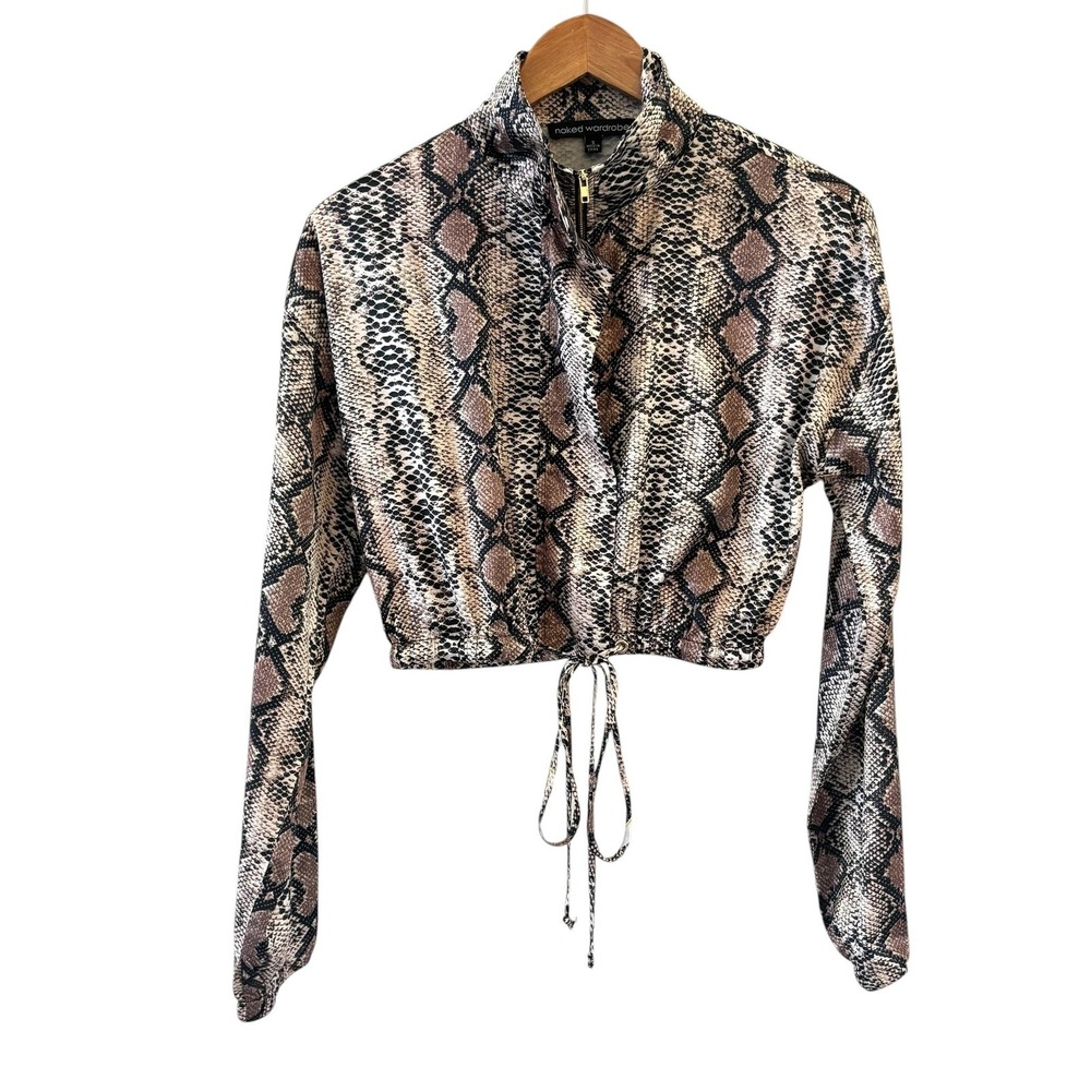 Naked Wardrobe Snake Mock‎ Neck Crop Jacket S Beige Brown Drawstring Zip Edgy